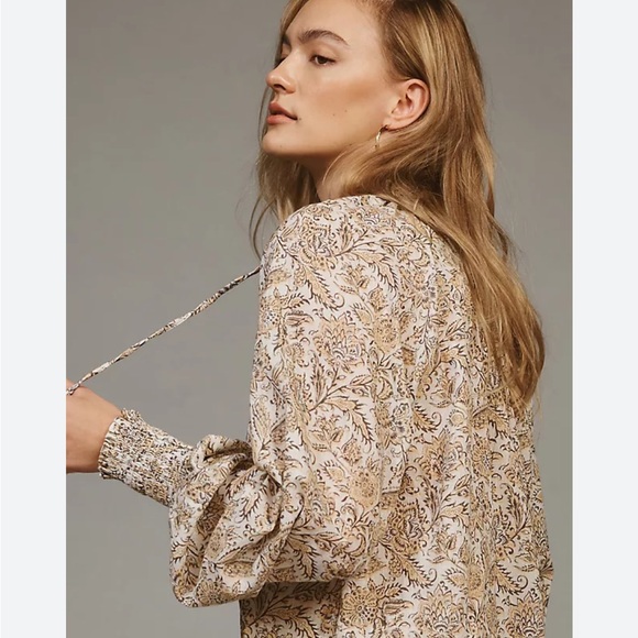 BOGO! Anthropologie Tie Neck Peasant Blouse Botanical Floral Print Size XS - Picture 10 of 10